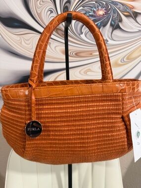 Furla Orange Woven Tote with Croc-Accent Handles